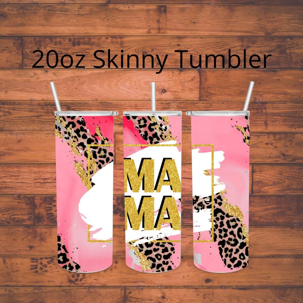 MAMA mom mother pink gold glitter leopard print 20oz skinny tumbler